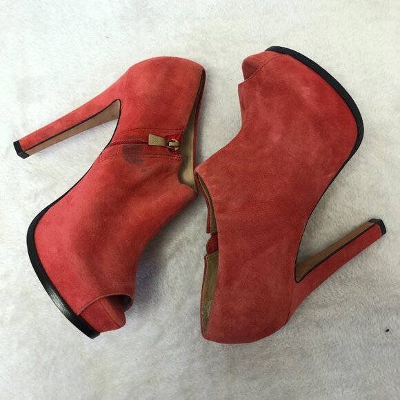 Pour La Victoire Orange Red Suede Peep Toe Platform High Heel Bootie Size 9.5 - Picture 5 of 15